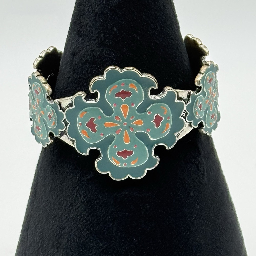 Lucky Brand Enamel Maltese Cross Cuff Bracelet Teal Silver Tone Boho Western - Picture 5 of 9